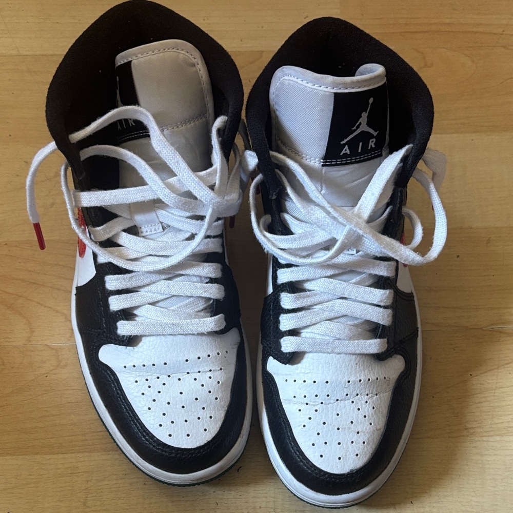 Jordan Women's High Top Sneakers in White and Black with Red Accent